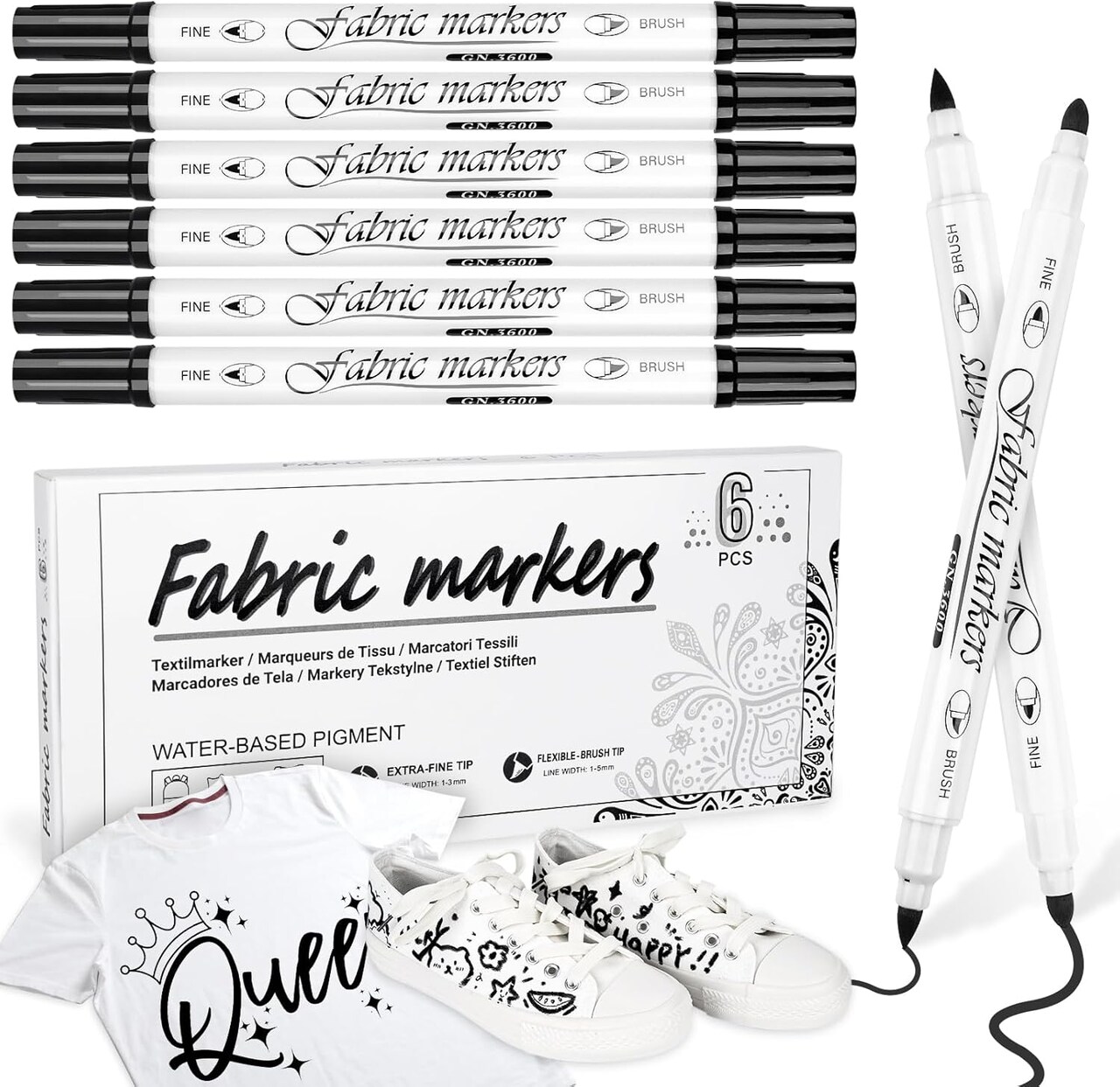 Black Fabric Markers Permanent for Clothes: Dual-Tip Fabric Marker 6 Pack, Waterproof, Non-Toxic Fabric Pen, Used to Make Gifts for Friends, Suitable for T-Shirts, Shoes, Canvas Bags, Hat, Textiles